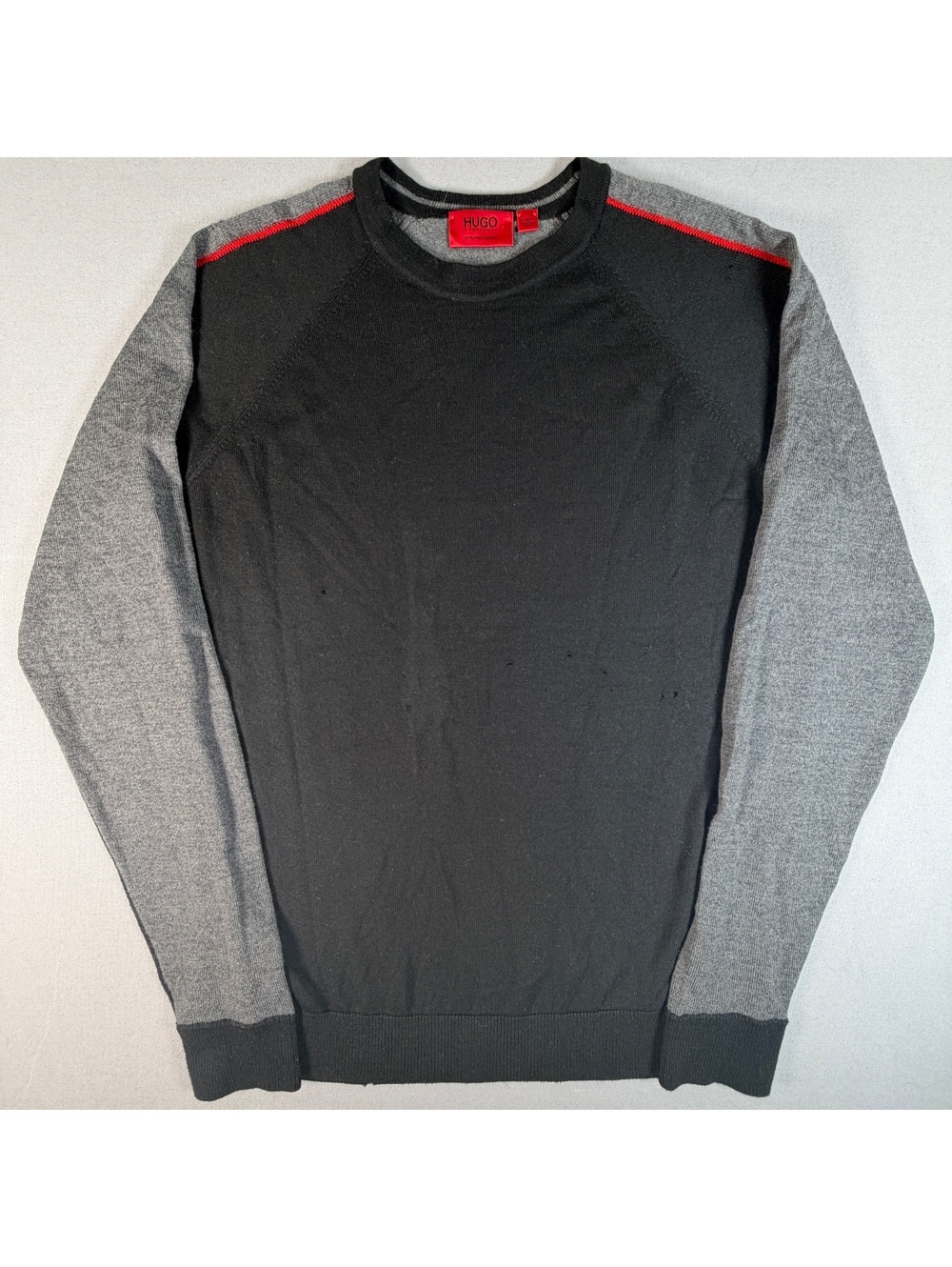 Hugo Boss Sweater Mens L Black Gray Colorblock Wool Knit Crewneck Pullover